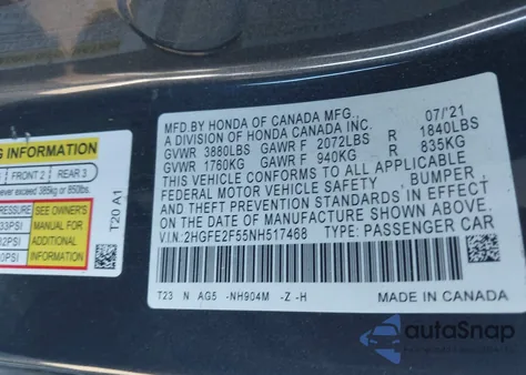 2022 Honda Civic Sport from USA, damaged, VIN 2HGFE2F55NH517468